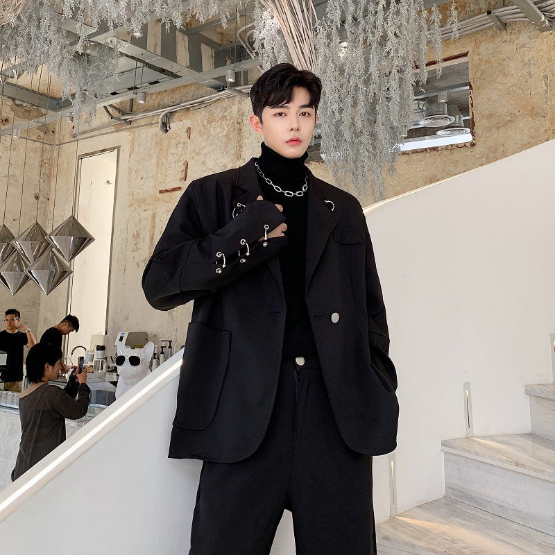 Black Iron Ring Decor Stylish Suit Jacket and Loose Blazer