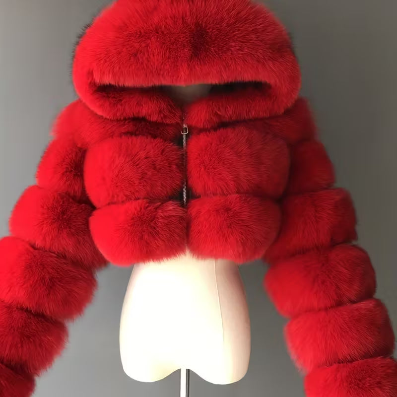 Short Hooded Faux Fur Long Sleeve Coat