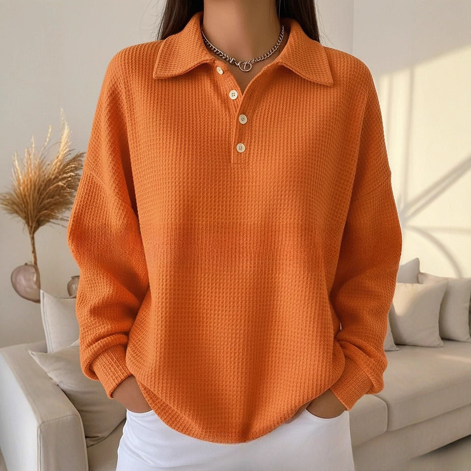 Loose Solid Color Versatile Lapel Polo Shirt Waffle Long Sleeve