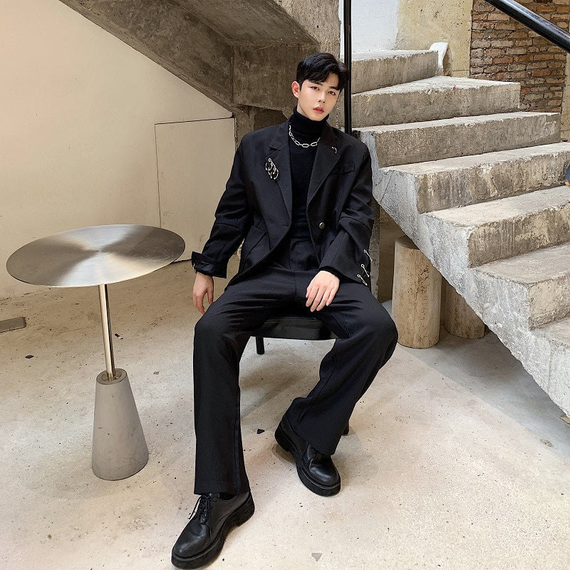 Black Iron Ring Decor Stylish Suit Jacket and Loose Blazer