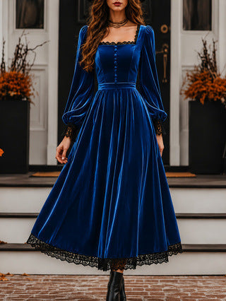 Square-neck Lace-panel Velvet Dress