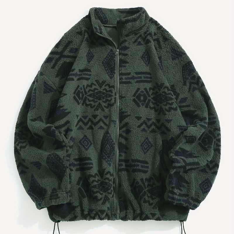 Boho Geometric Print Polar Fleece Coat - Ultra-Soft Plush Loose Fit Jacket with Fur Collar (Apricot/Caramel/Green)