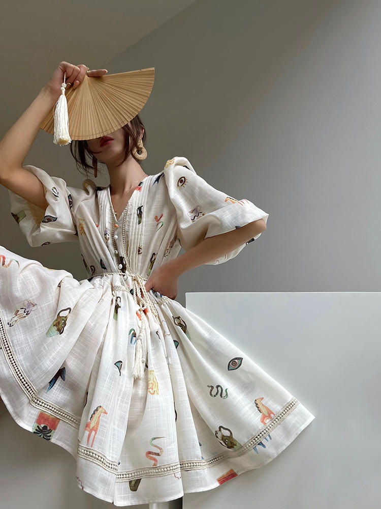 Women's Lace Retro Loose French Print Puff Sleeve Dress