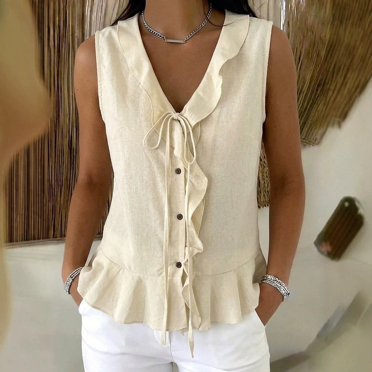 Women's Casual V-Neck Ruffle Trim Sleeveless Top