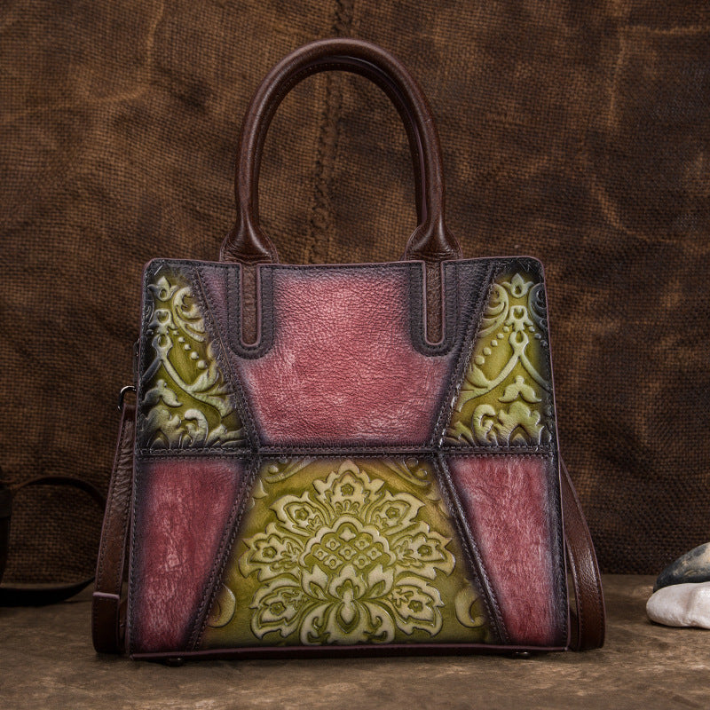 Vintage Tree Embossed Leather Handbag - First Layer Cowhide Retro Women's Purse with Floral Hand-Painting (25x23x11cm)