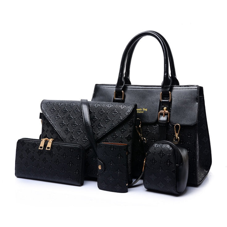 Luxury PU Leather Handbag Set for Women - Black Multi-Functional Crossbody Bags with Zip Pockets (Black/Gold/Blue/White Accents)
