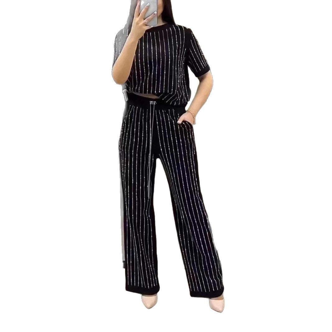 Vertical Striped Rhinestone Top Two-piece Set