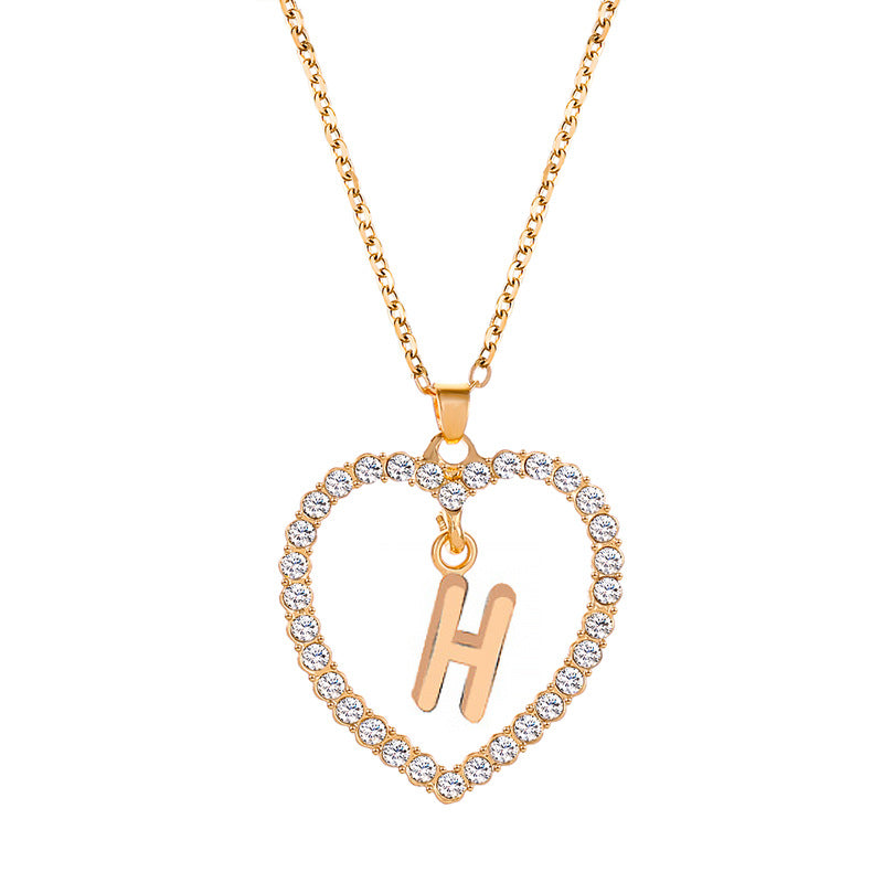 Womens Stylish & Minimalist Diamond-Encrusted 26-Letter Heart Pendant Necklace