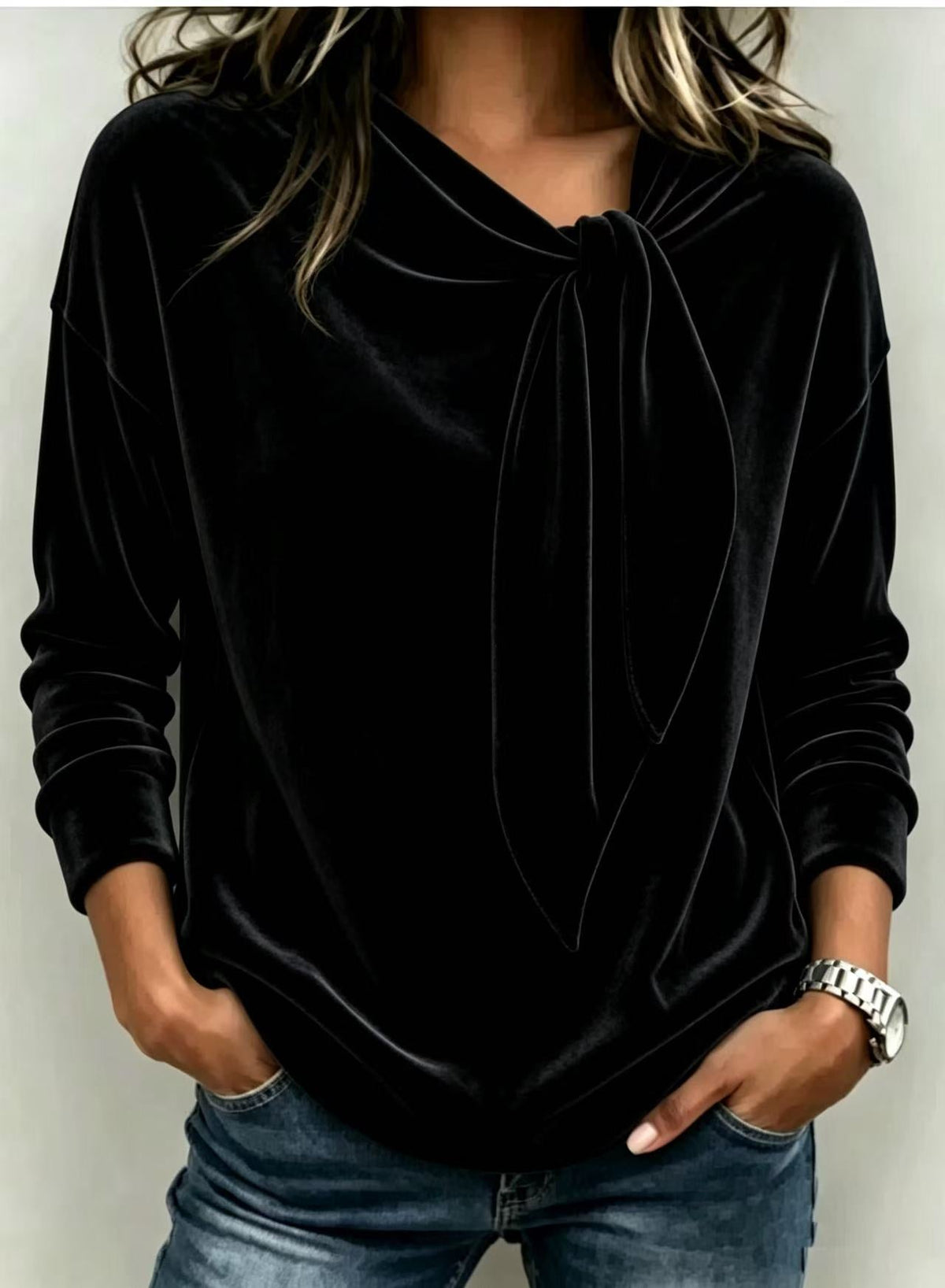 Womens Velvet Sweater With Bow-Knot