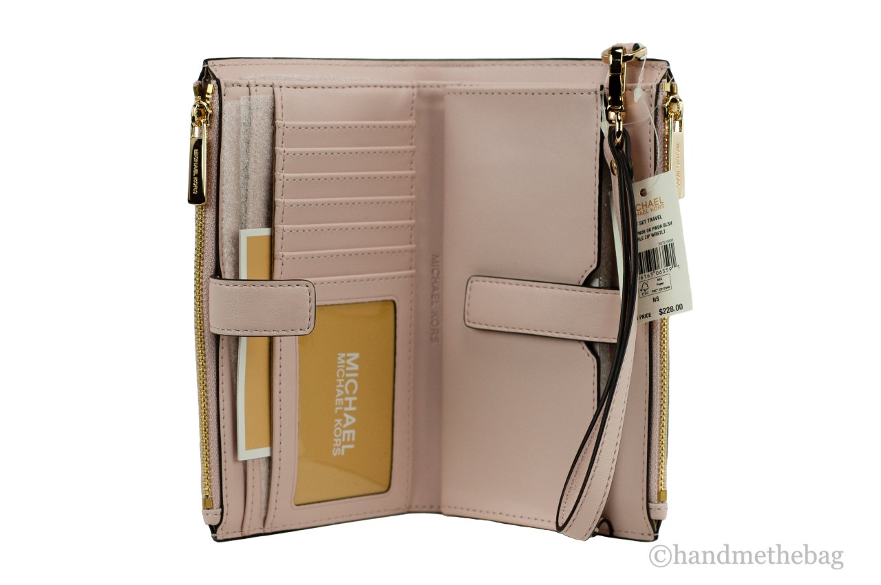 Michael Kors Jet Set Travel Dark Powder Blush PVC Large Double Zip Wrist Wallet