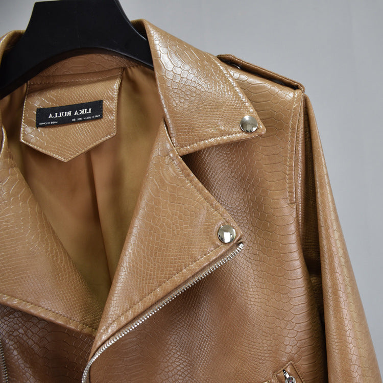 Cropped Hem Belt Snakeskin Leather Biker Jacket