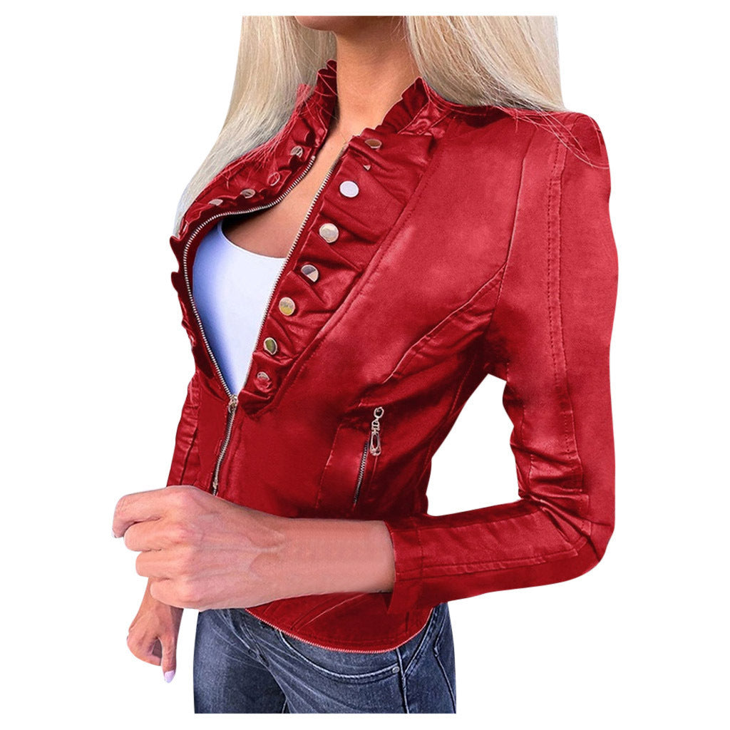 European-Style Slim-Fit PU Motorcycle Jacket - Winter Biker Coat for Women (Black/Brown/Navy/Wine Red, S-5XL)