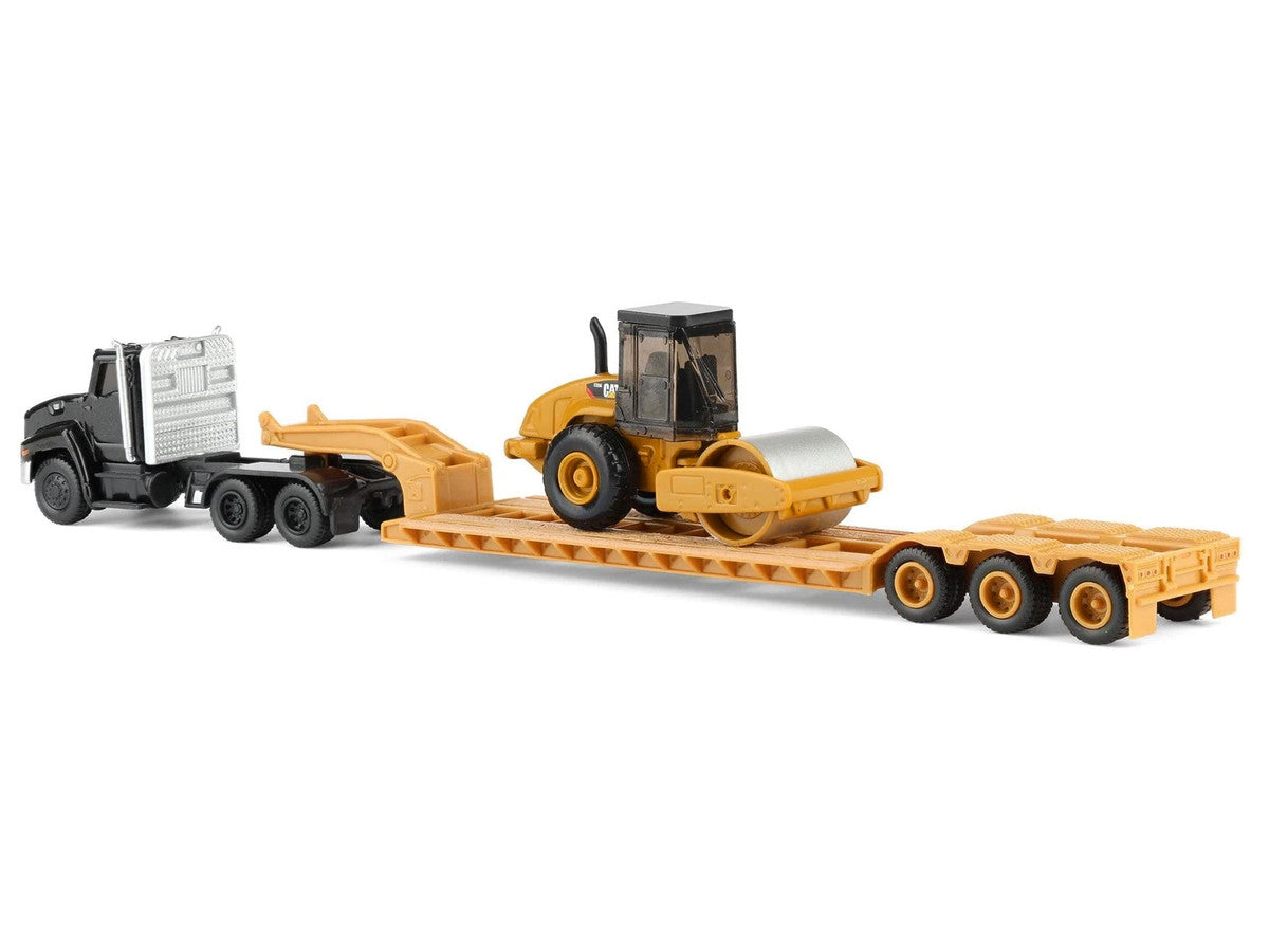 Kenworth T880 Tractor Black with Lowboy Trailer and CAT Roller Yellow 1/87 (HO) Diecast Model by Diecast Masters
