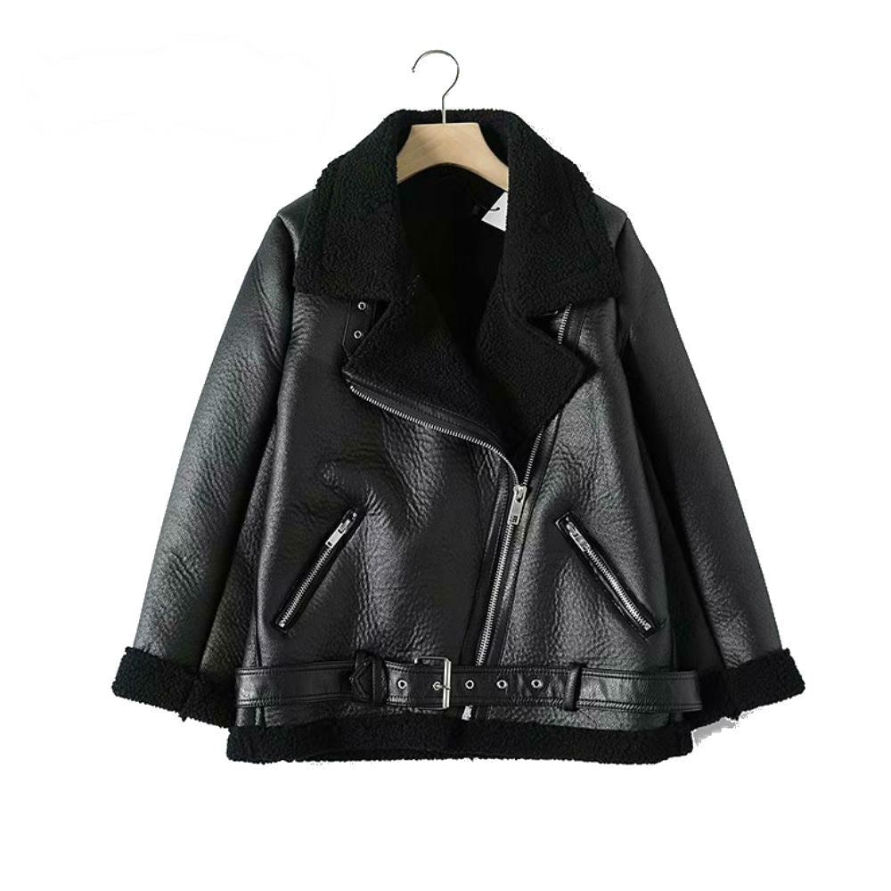 Women's Long Faux Leather Jacket with Lambswool Lining