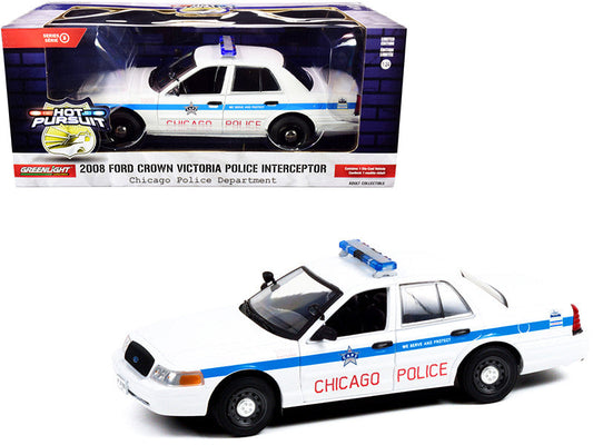 2008 Ford Crown Victoria Police Interceptor "CAPS" White with Blue Stripes "Chicago Police Department" "Hot Pursuit" Series 1/24 Diecast Model Car by Greenlight
