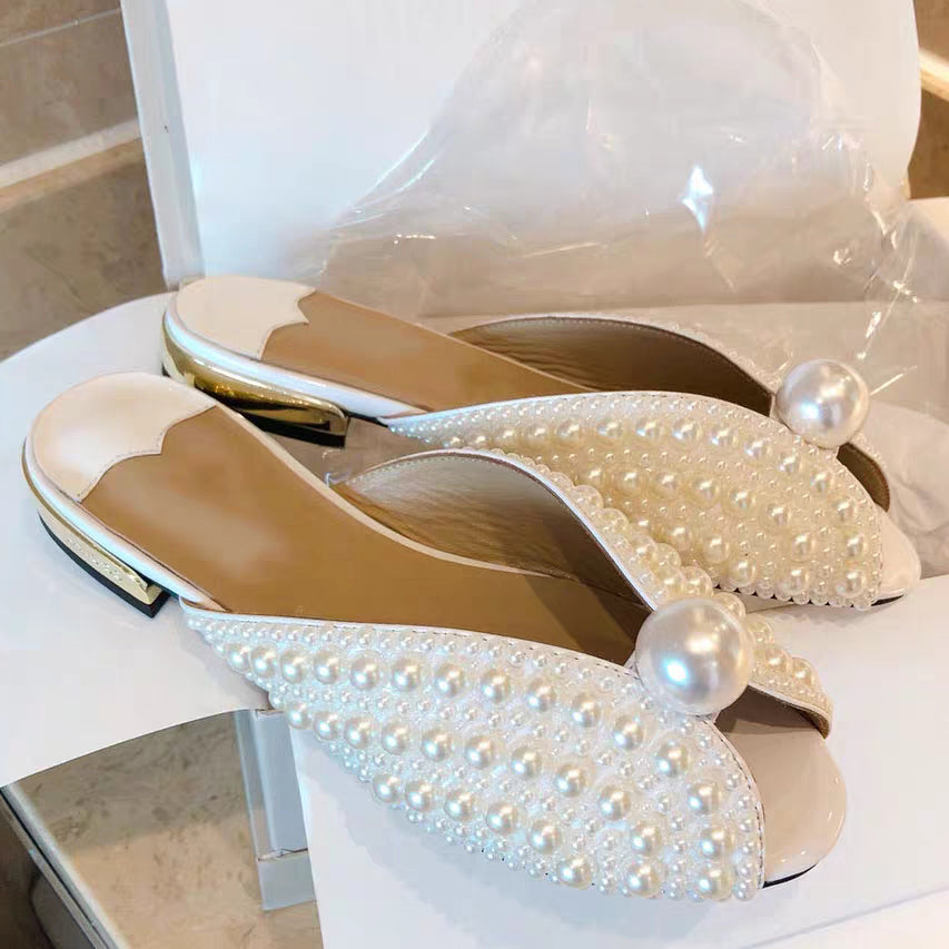 Custom Handmade High-End Pearl Fish Mouth Sandals