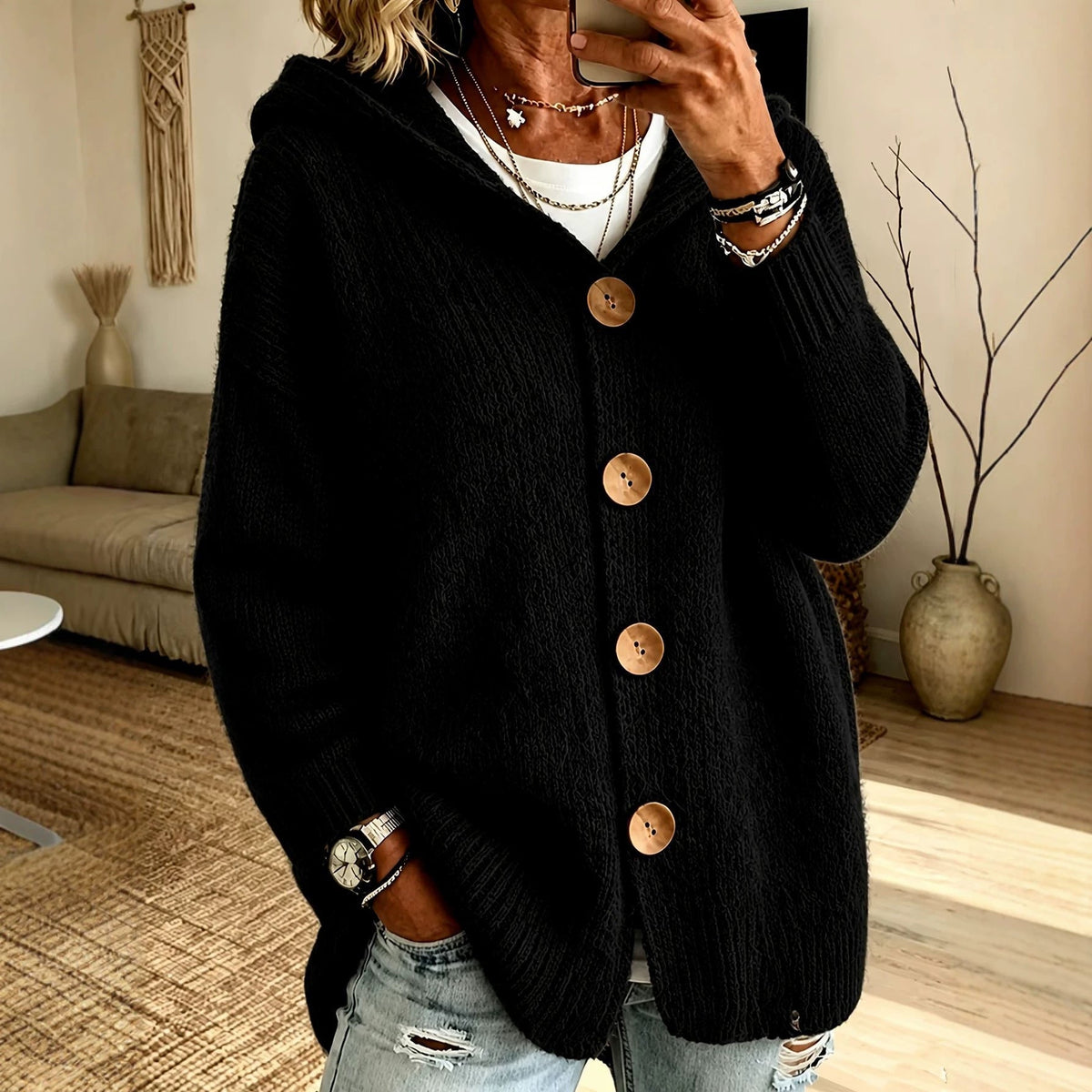 Hooded Cardigan Sweater Jacket With Four Buttons