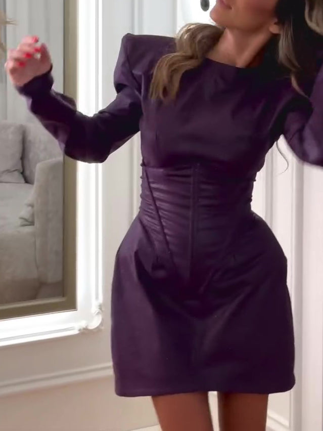 Purple Mini Dress With Structured Shoulders And Corset Waist