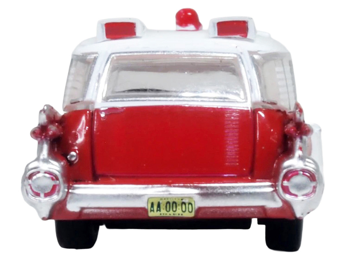 1959 Cadillac Miller-Meteor Ambulance Red and White 1/100 Scale Diecast Model Car by Oxford Diecast