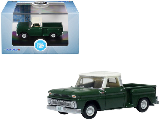1965 Chevrolet C10 Stepside Pickup Truck Dark Green with Ivory Top 1/87 (HO) Scale Diecast Model Car by Oxford Diecast