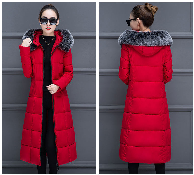 Hooded Padded Jacket with Fur Collar and Color Block