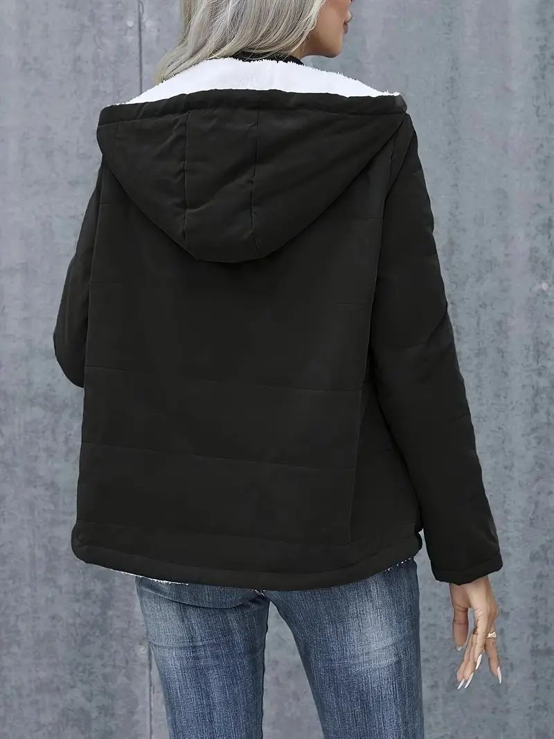 Fleece-lined Hooded Coat Winter Preppy Style Long Sleeve Jacket Warm Pockets Cotton Coat Women's Clothing