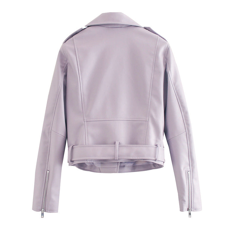 Women's Belted Motorcycle Jacket - Street Hipster Faux Leather Coat with Suit Collar (Black/Purple/Beige, XS-L)