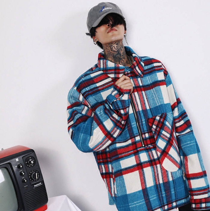 Oversized Blue Plaid Half-Zip Jacket for Couples