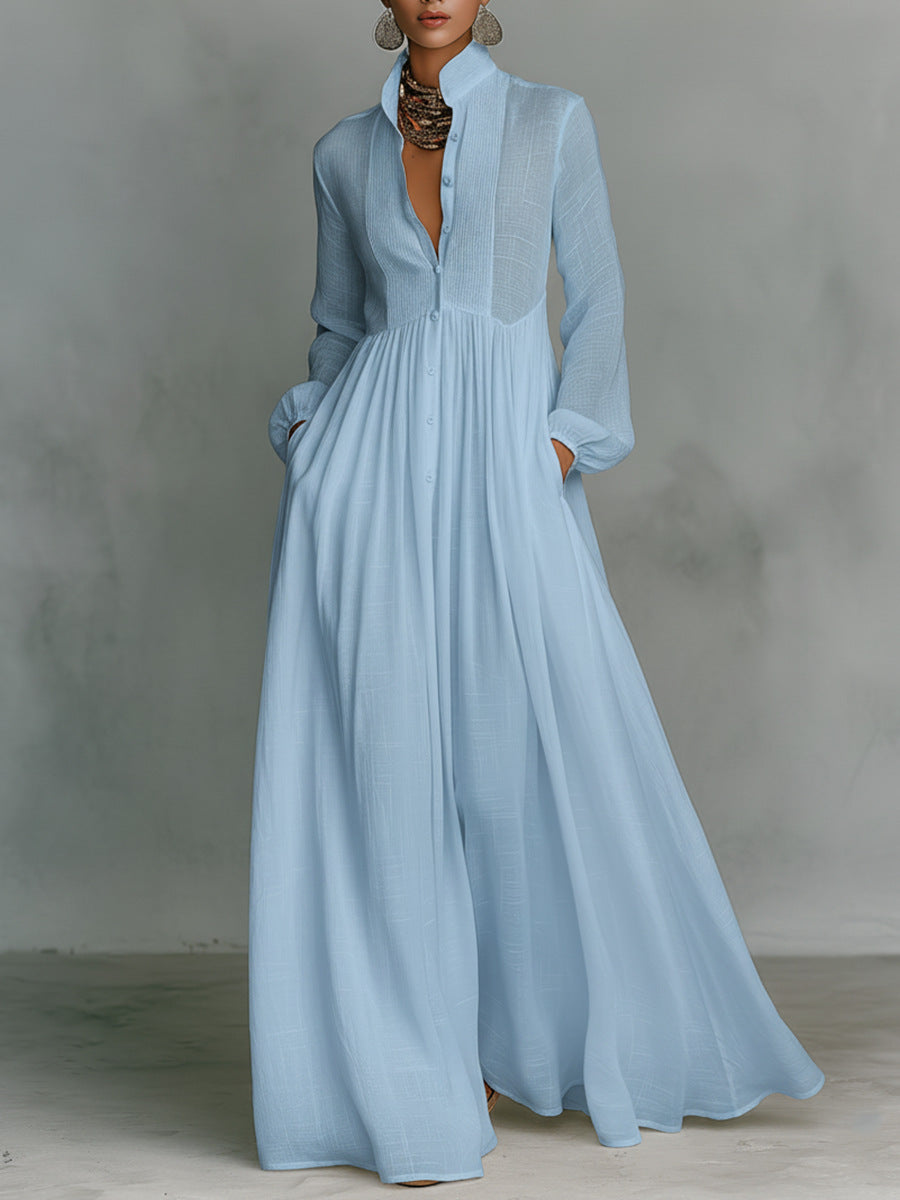 Elegant Stand Collar Button Down Maxi Dress - Long Sleeve Pleated Flowy Gown With Pockets