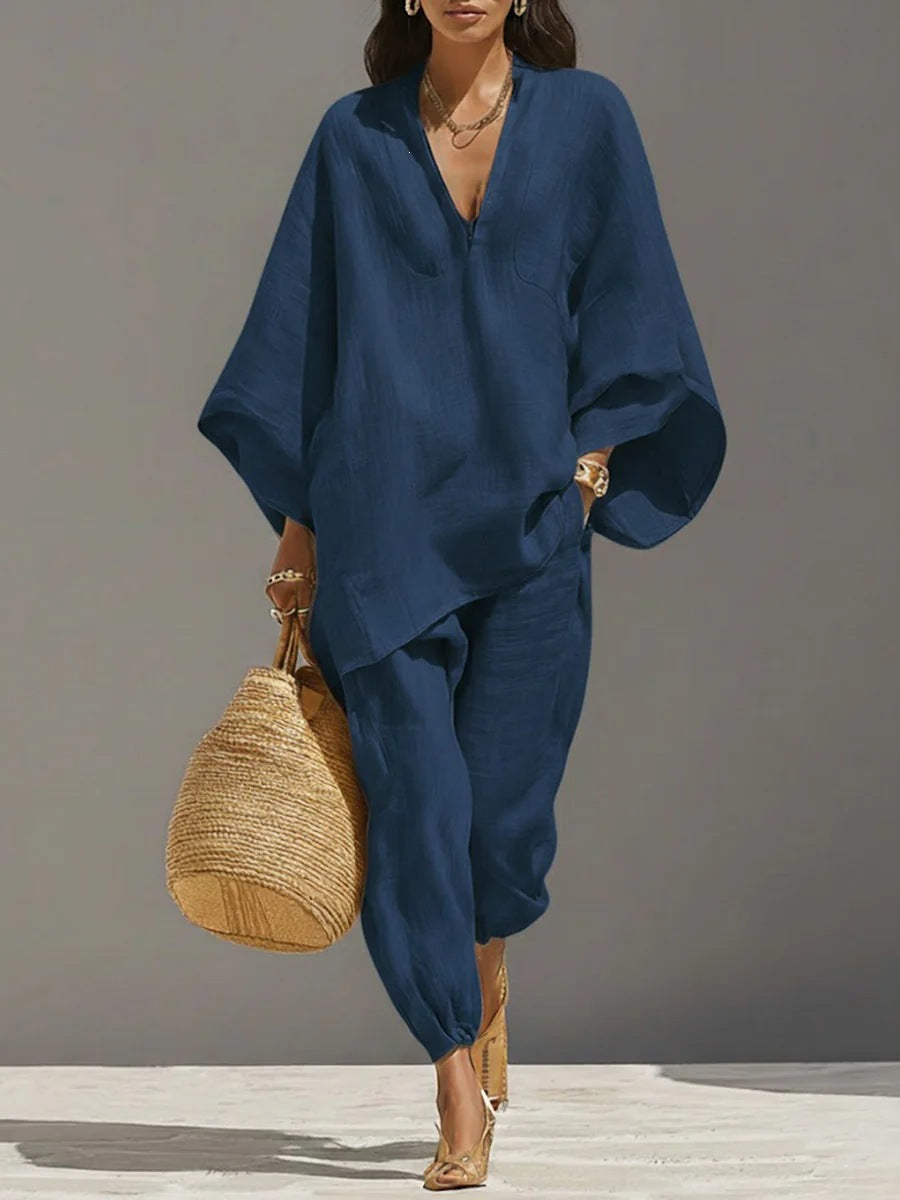 Women's Casual Loose Solid Color Shirt Set