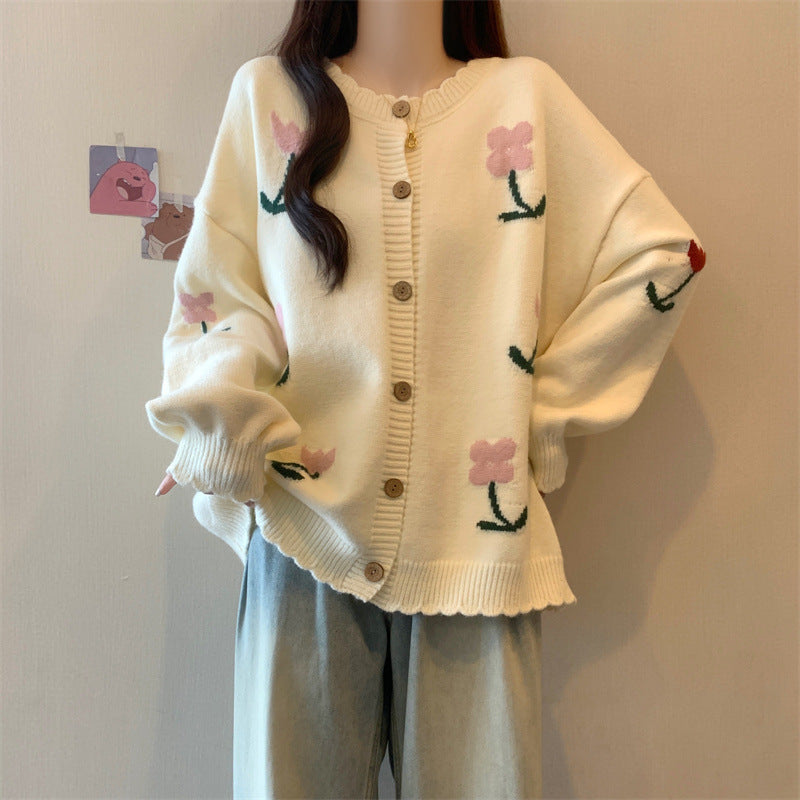 Idle Style Loose Youthful-looking Embroidered Flower Knitted Cardigan Sweater