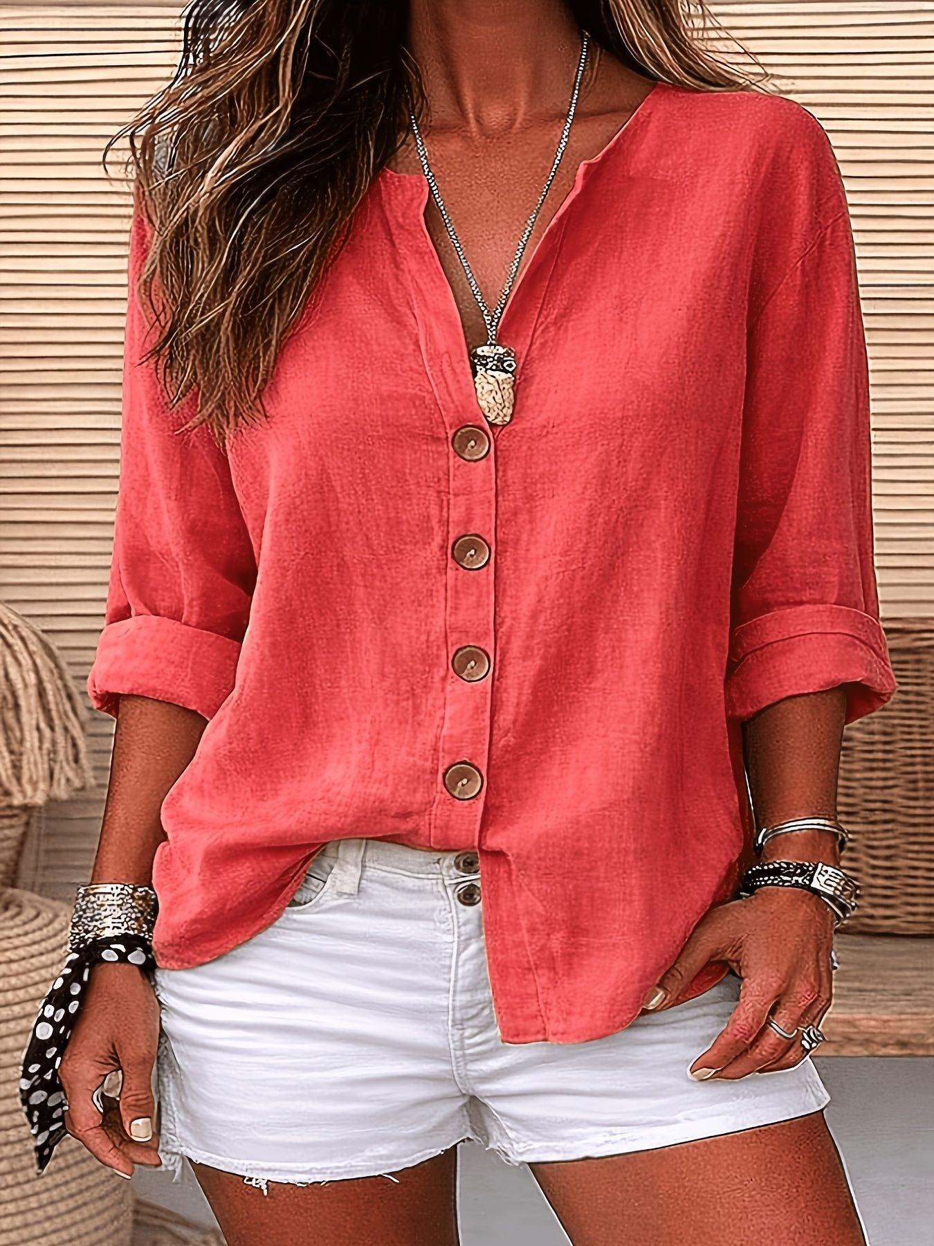 Womens V-neck Cotton-Linen Button-Down T-shirt Top
