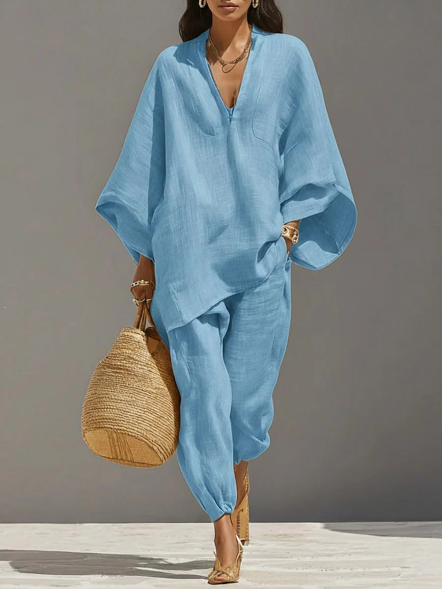 Women's Casual Loose Solid Color Shirt Set