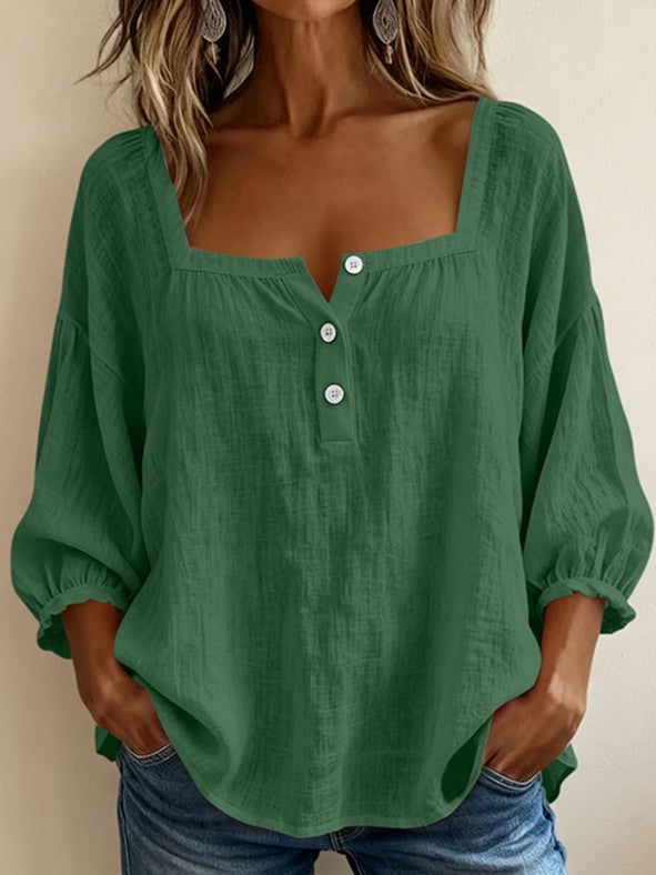 Casual Resort-style Linen Top With Three-quarter Sleeves