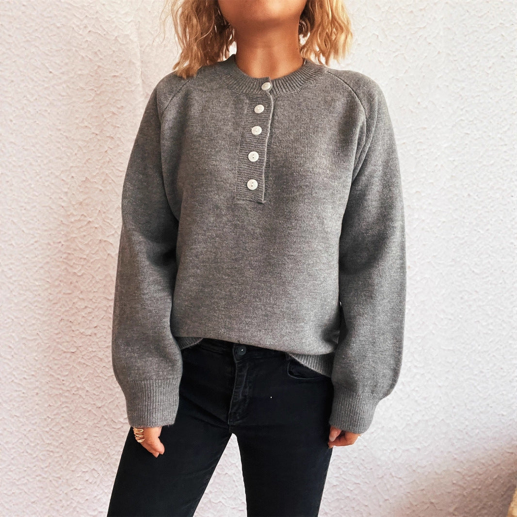 Women's Solid Color Buttons Casual Knitted Round Neck Long Sleeve Warm Sweater