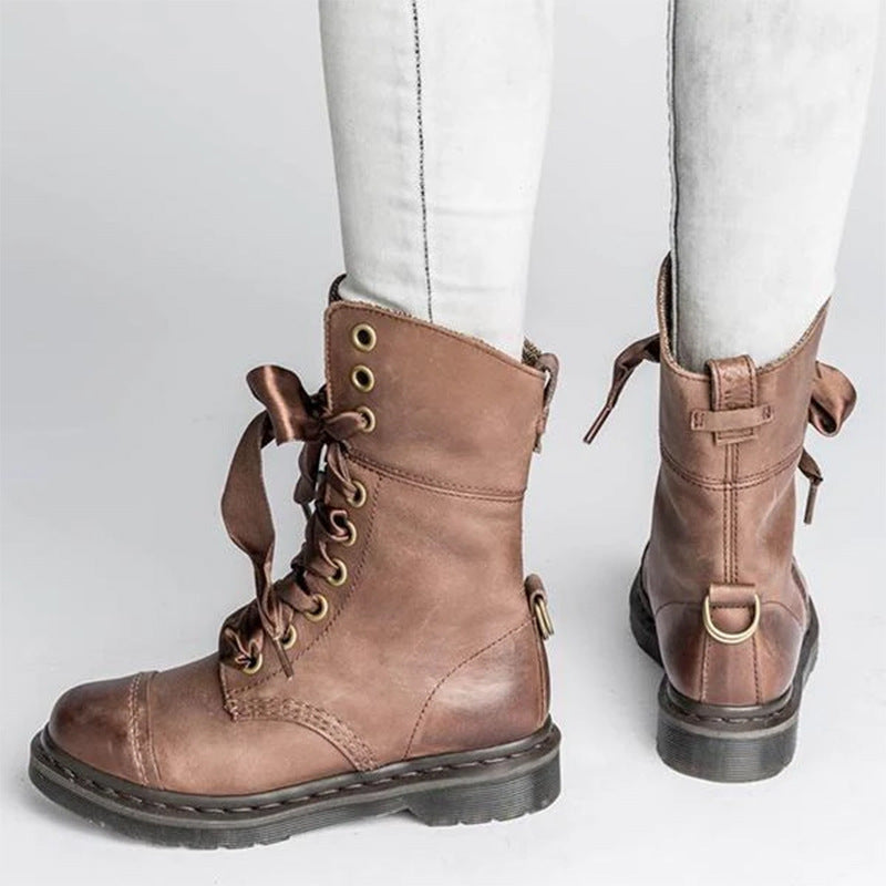 British-style Lace-up Round-toe Flat Ankle Boots For Women