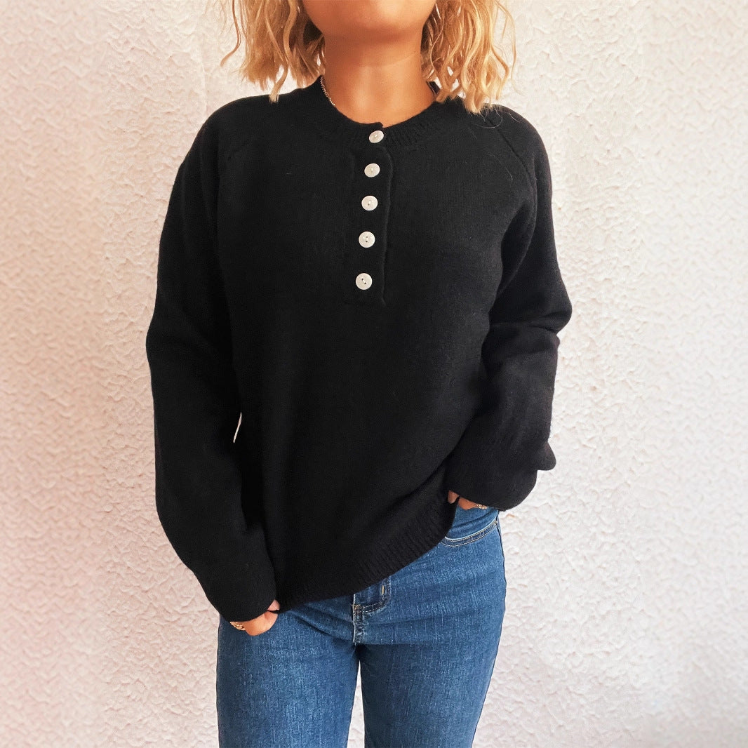 Women's Solid Color Buttons Casual Knitted Round Neck Long Sleeve Warm Sweater