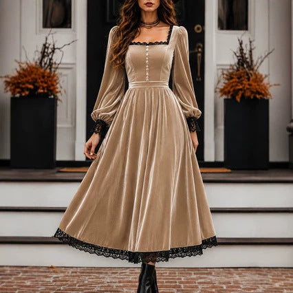 Square-neck Lace-panel Velvet Dress