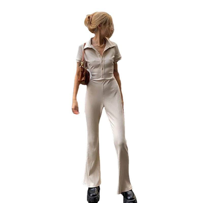 Women's Skinny Backless Lapel Button Jumpsuit