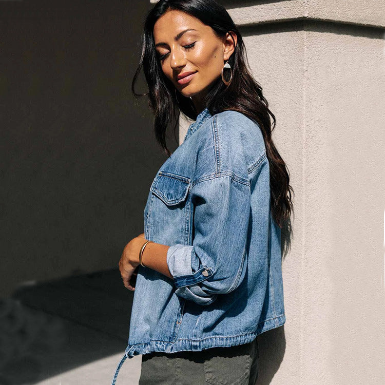 Ladies Denim Jacket Drawstring Loose Ladies Denim Jacket
