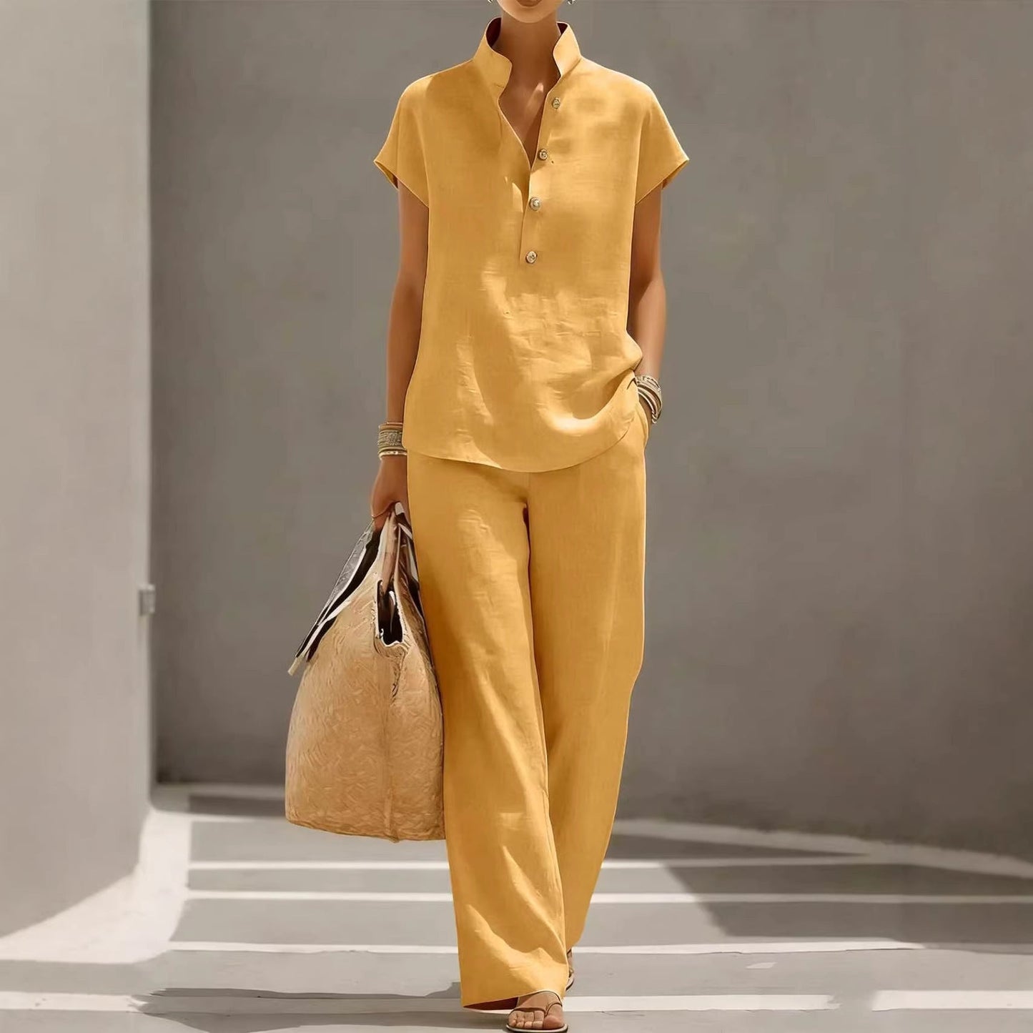 Casual Lazy-Style Cardigan Short-Sleeve Pants Solid-Color Set
