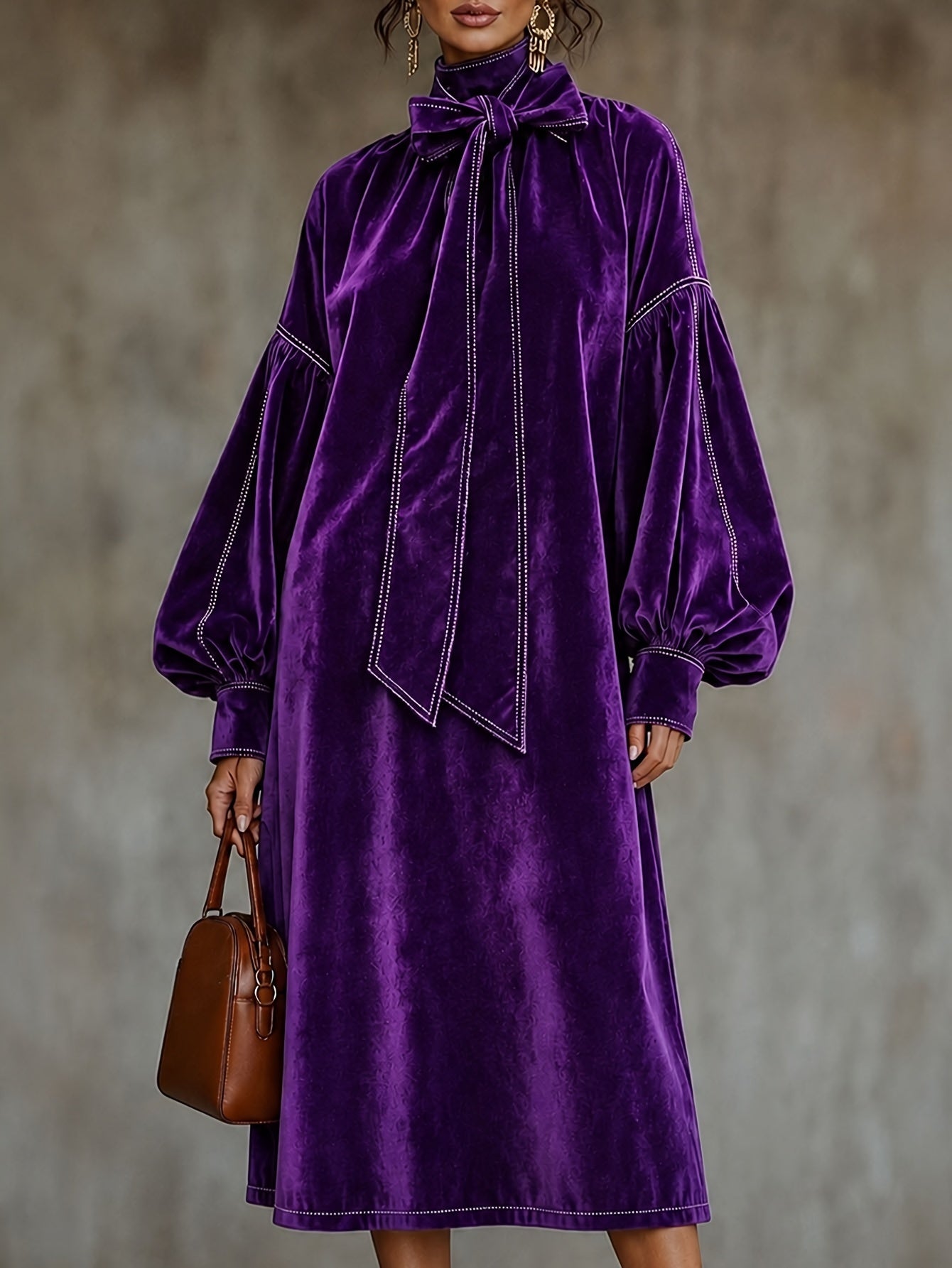 New High-neck Velvet Dress With Bow