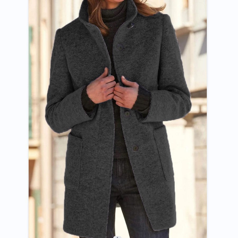 New Retro Solid Color Buttoned Turtleneck Wool Coat