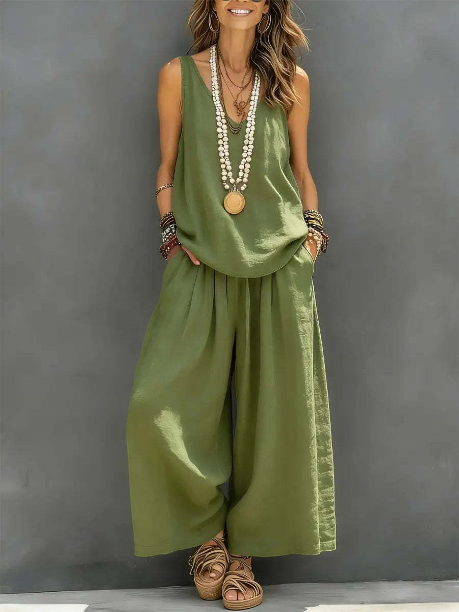 Womens Solid-Colored Casual Sleeveless Tank Top And Wide-Leg Pants Cotton-Linen Set