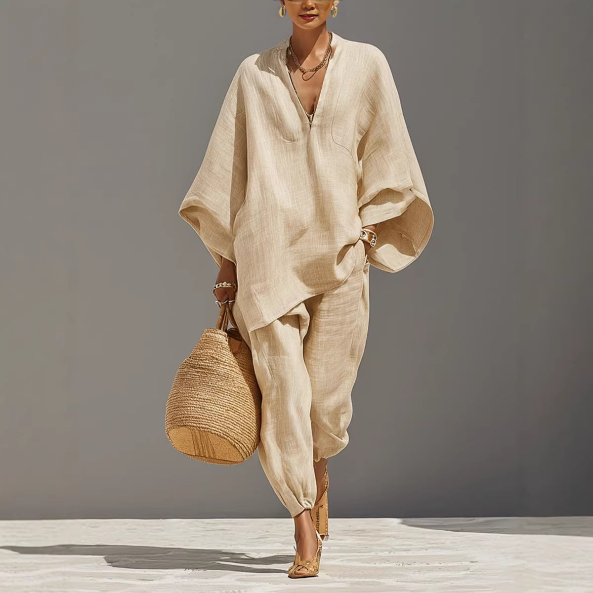 Women's Casual Loose Solid Color Shirt Set
