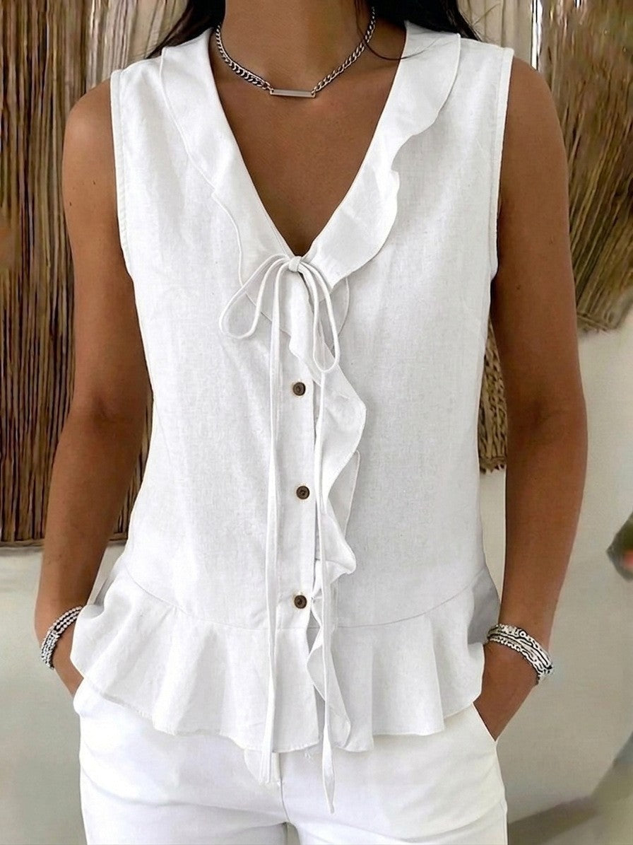Women's Casual V-Neck Ruffle Trim Sleeveless Top