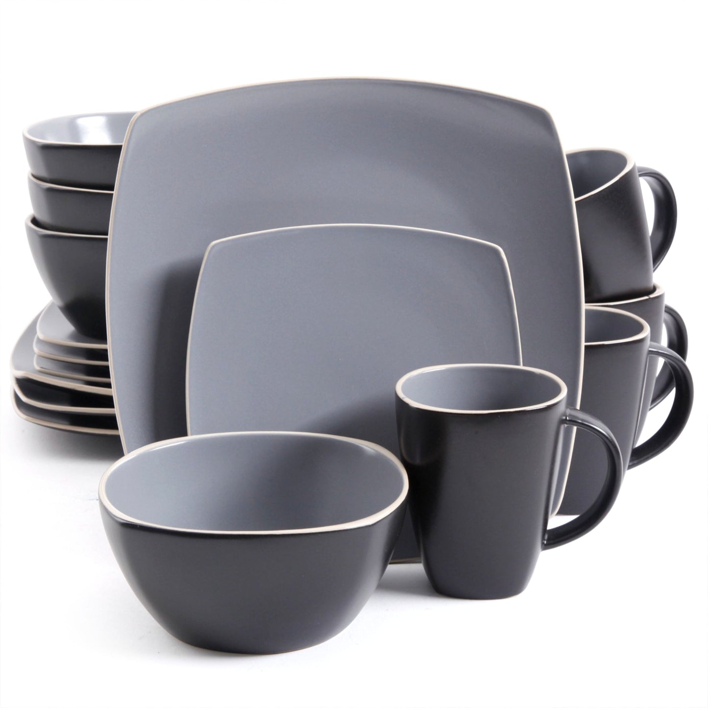 Gibson Home Soho Lounge 16 Piece Soft Square Stoneware Dinnerware Set in Grey Matte