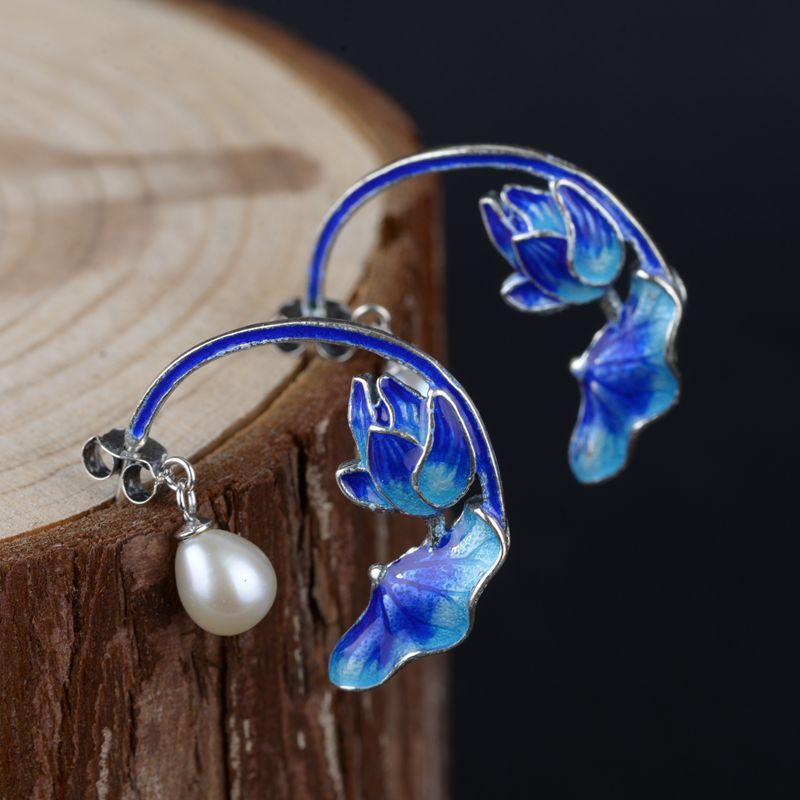 S925 Silver Enamelled Lotus Leaf Lotus Earrings