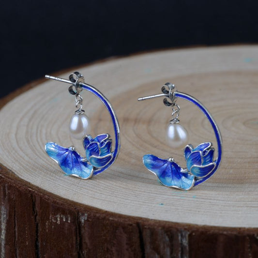 S925 Silver Enamelled Lotus Leaf Lotus Earrings