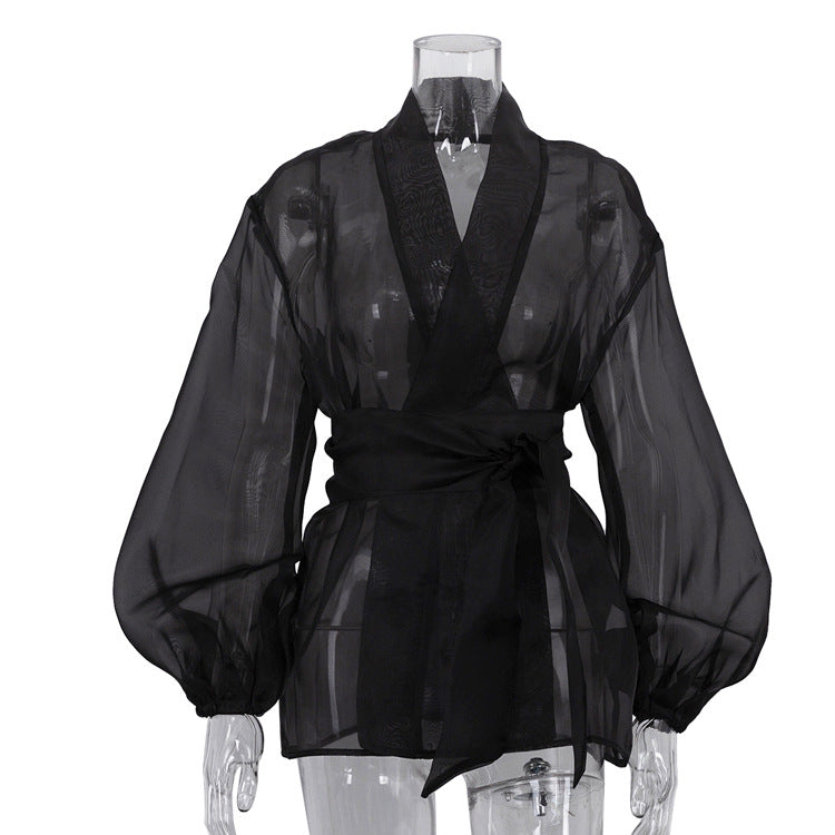 Black Sheer Puff Sleeve V-neck Tie-front Top